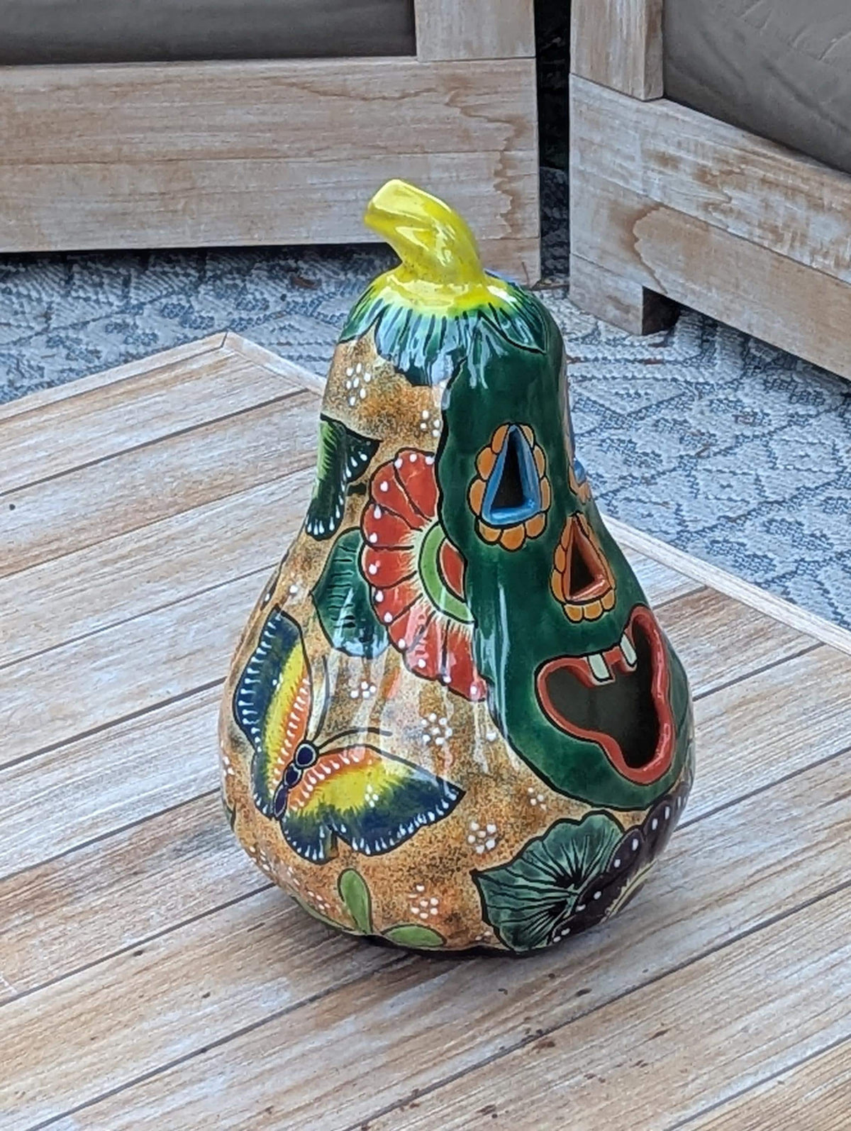Green Talavera Pumpkin Decor | Handmade Mexican Ceramic Jack-o-Lantern Candle Holder
