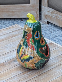 Green Talavera Pumpkin Decor | Handmade Mexican Ceramic Jack-o-Lantern Candle Holder