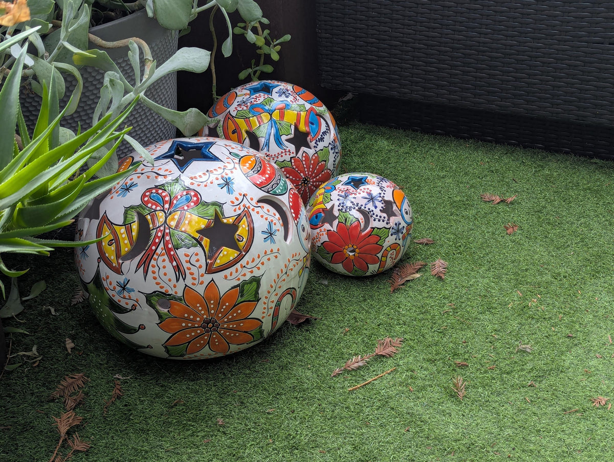Holiday Garden Spheres | Ceramic Winter Decor & Yard Art | Outdoor Talavera Pottery Handmade in Mexico