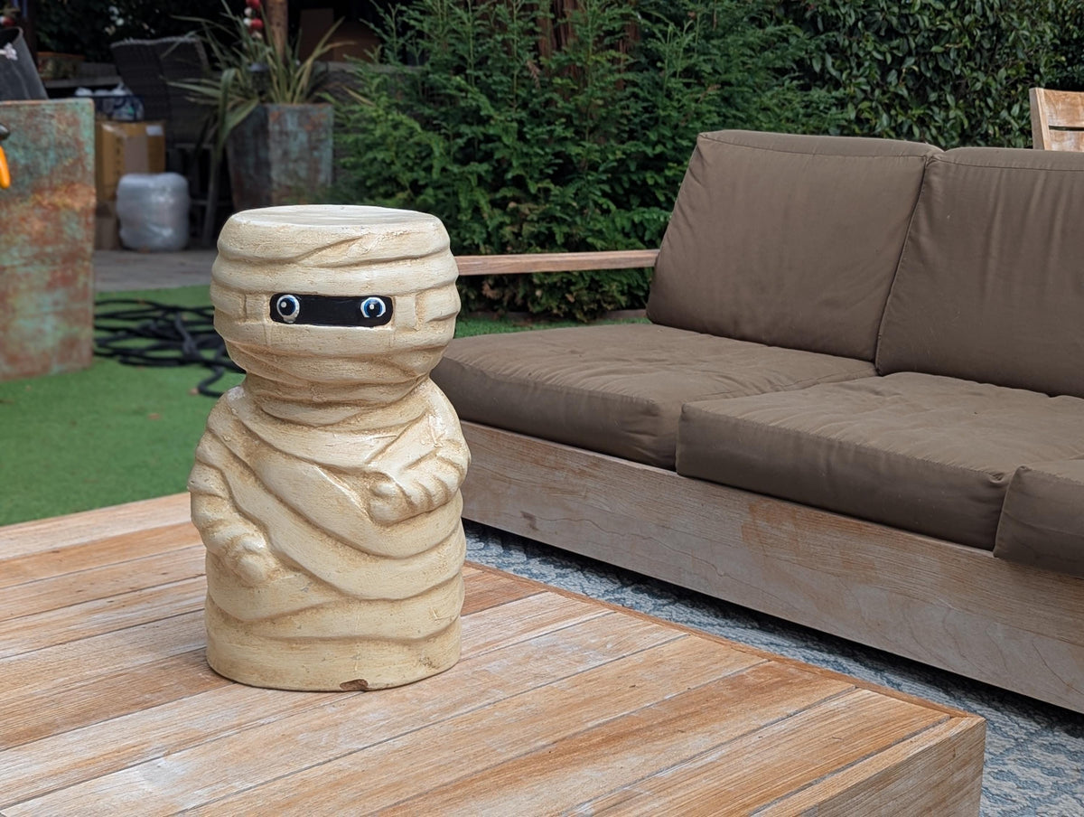 Halloween Mummy Garden Statue | Handmade Spooky Clay Lawn Ornament & Patio Decoration