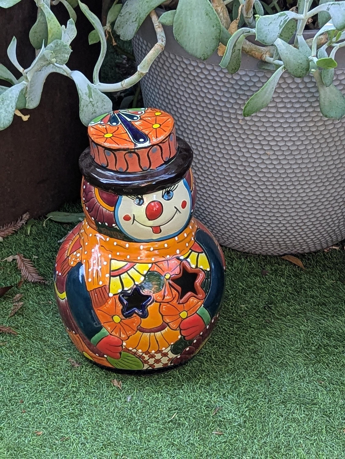 Handcrafted Talavera Snowman Statue | Christmas Ceramic Candle Holder |  Mexican Pottery Holiday Decor Gift