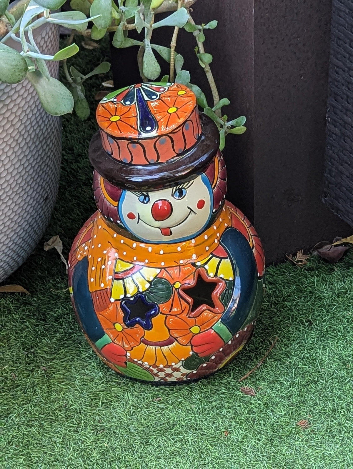 Handcrafted Talavera Snowman Statue | Christmas Ceramic Candle Holder |  Mexican Pottery Holiday Decor Gift