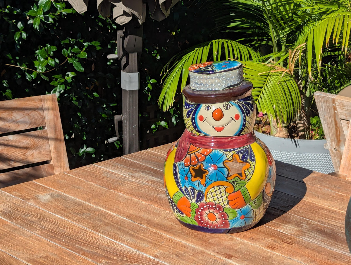 Talavera Snowman Holiday Decor | Christmas Ceramic Candle Holder | Mexican Pottery