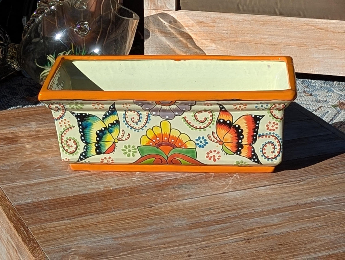 Hand-Painted Mexican Talavera Planter Box | Butterfly Floral Art | Rectangular Ceramic Garden Decor