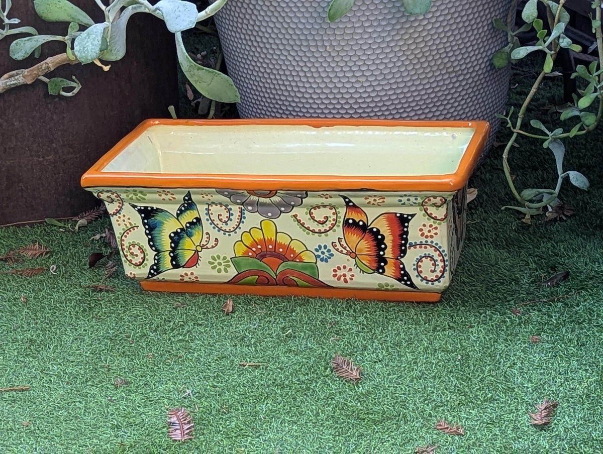 Hand-Painted Mexican Talavera Planter Box | Butterfly Floral Art | Rectangular Ceramic Garden Decor