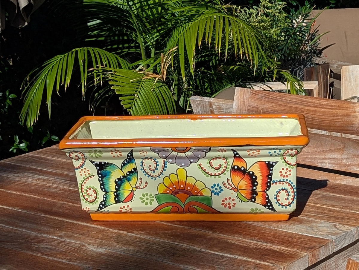 Hand-Painted Mexican Talavera Planter Box | Butterfly Floral Art | Rectangular Ceramic Garden Decor