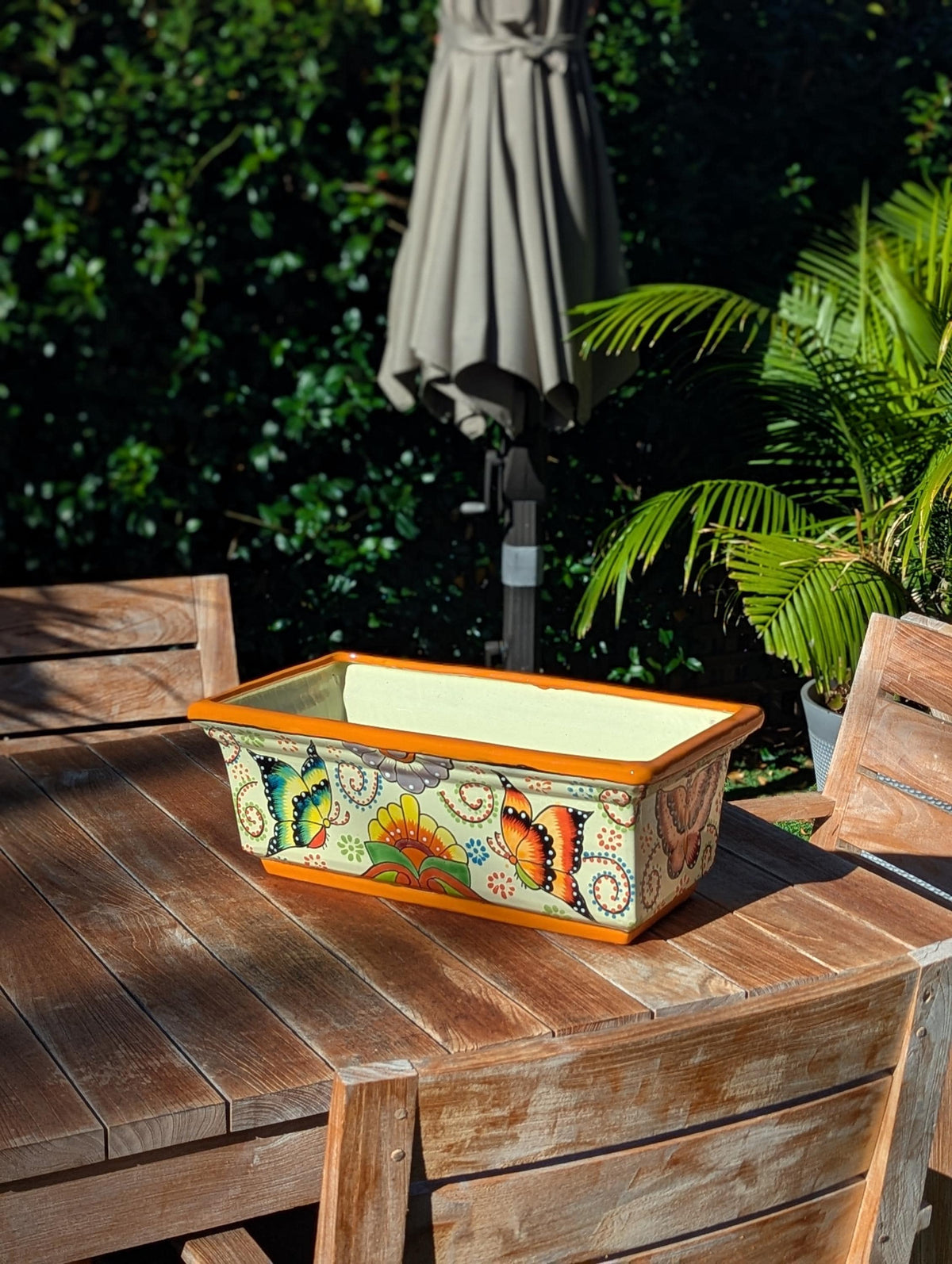Hand-Painted Mexican Talavera Planter Box | Butterfly Floral Art | Rectangular Ceramic Garden Decor