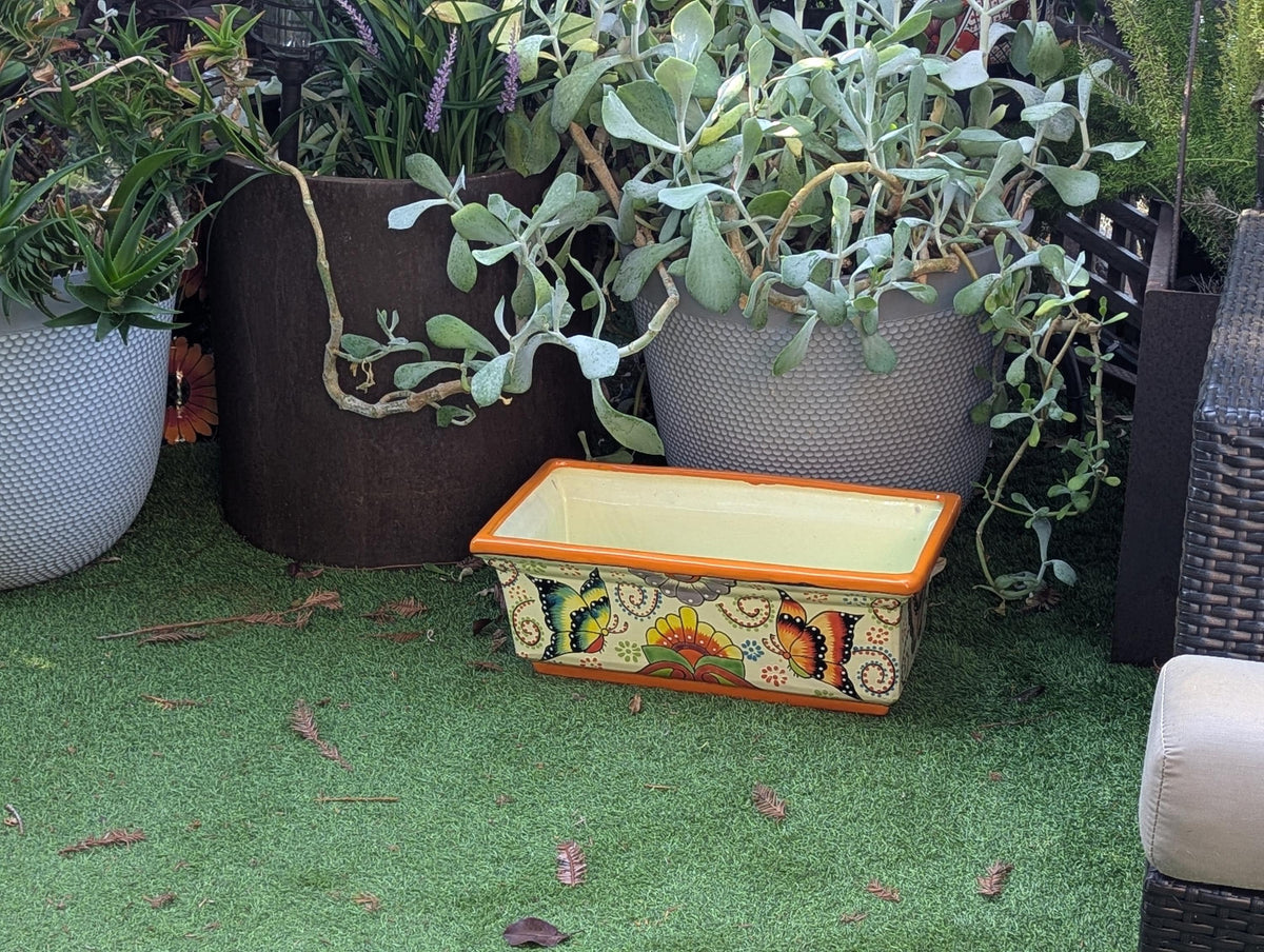 Hand-Painted Mexican Talavera Planter Box | Butterfly Floral Art | Rectangular Ceramic Garden Decor