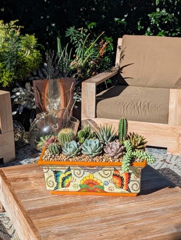 Hand-Painted Mexican Talavera Planter Box | Butterfly Floral Art | Rectangular Ceramic Garden Decor