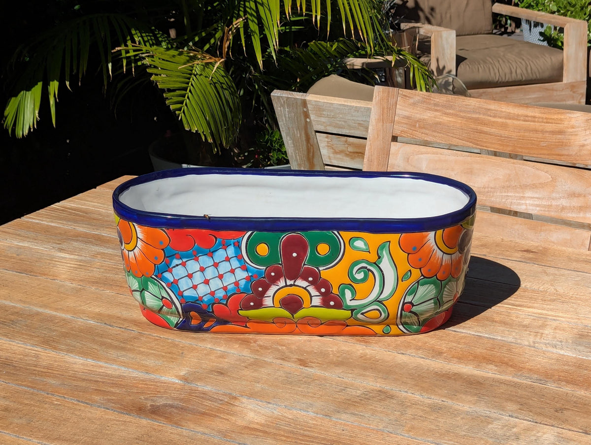 Hand-Painted Mexican Talavera Oval Planter Box | Ceramic Garden Decor