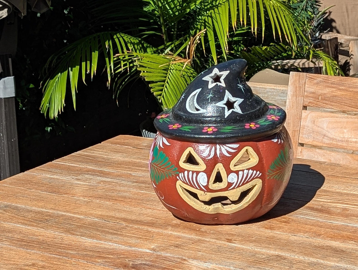 Clay Halloween Pumpkin | Handmade Ceramic Jack-o-Lantern | Mexican Pottery Candle Holder