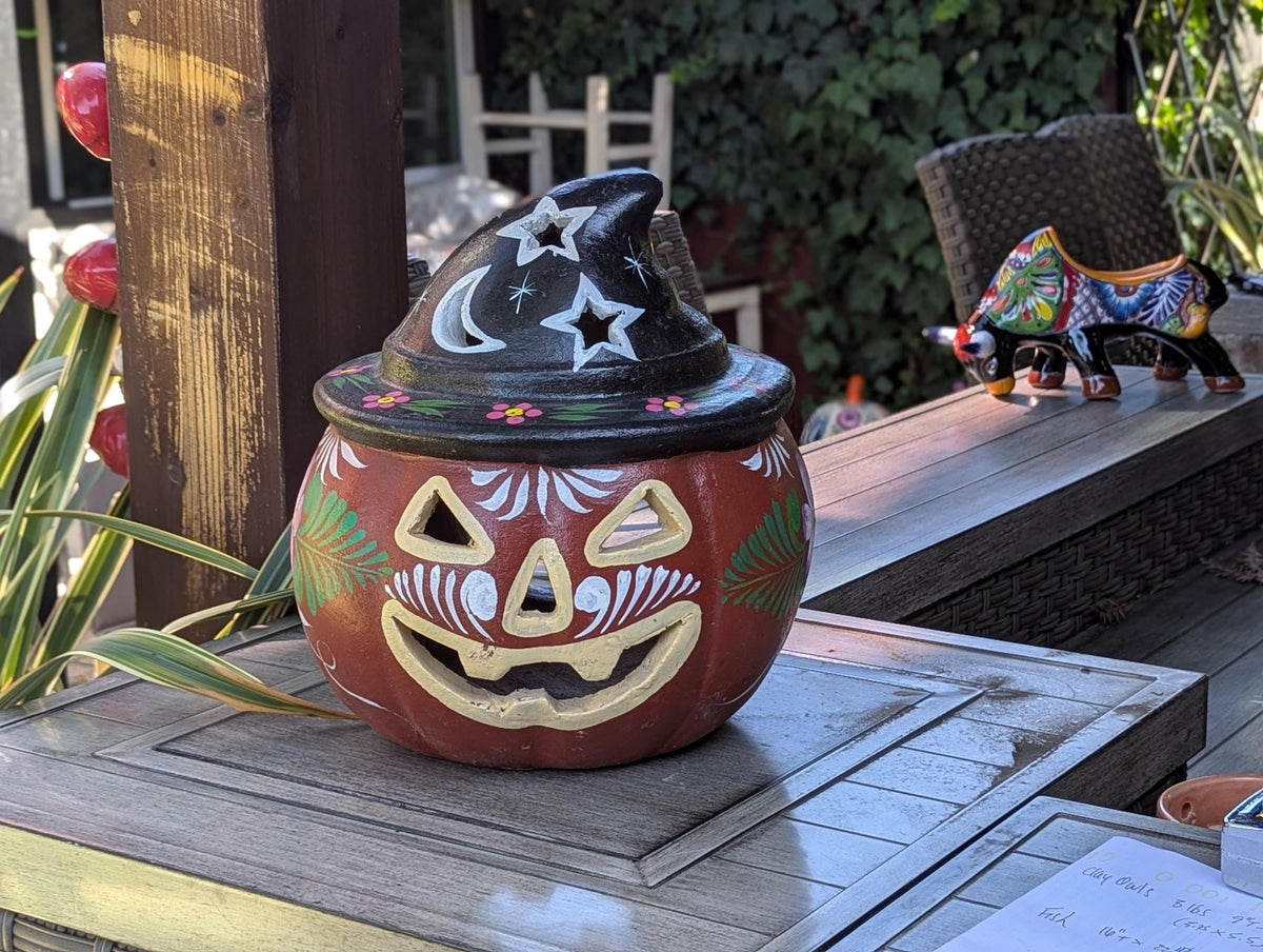 Clay Halloween Pumpkin | Handmade Ceramic Jack-o-Lantern | Mexican Pottery Candle Holder