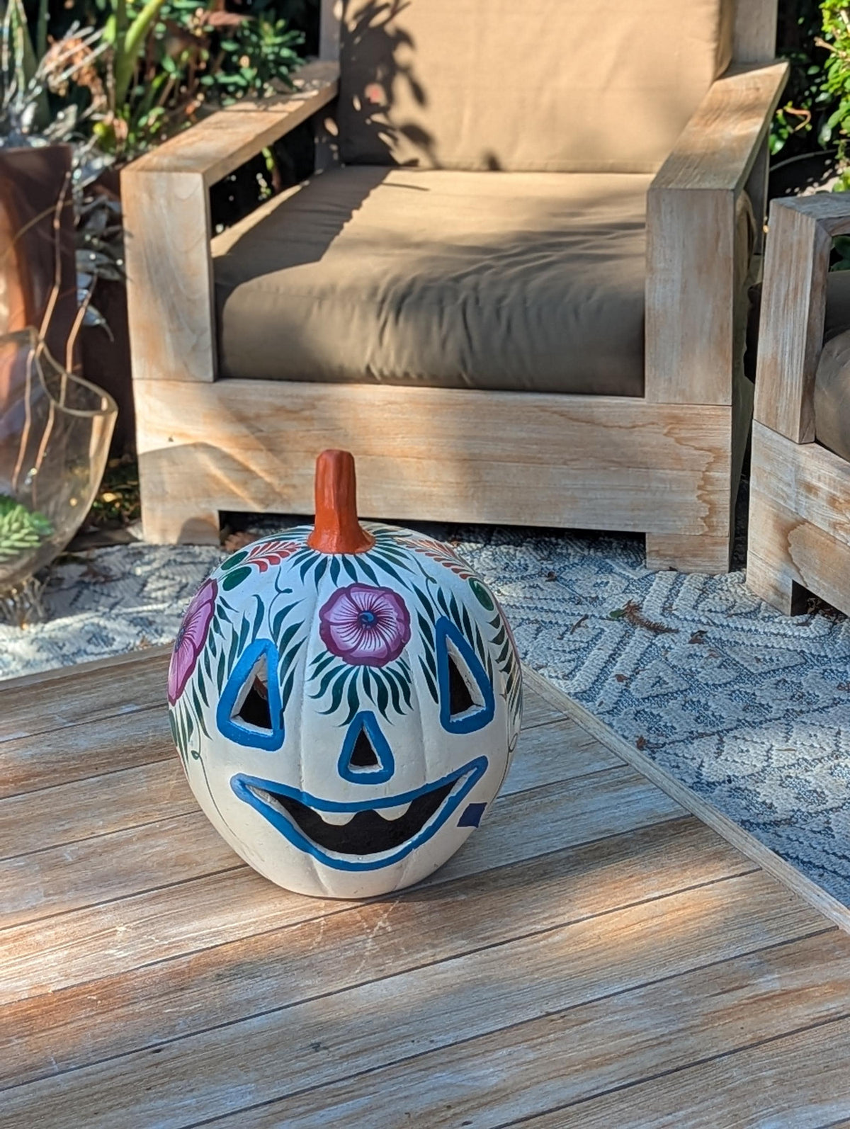 White Halloween Pumpkin Decor | Hand Painted Jack-o-Lantern | Mexican Pottery Candle Holder