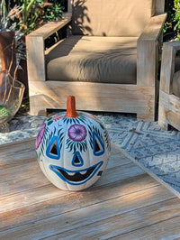 White Halloween Pumpkin Decor | Hand Painted Jack-o-Lantern | Mexican Pottery Candle Holder