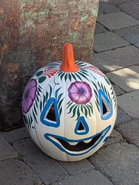 White Halloween Pumpkin Decor | Hand Painted Jack-o-Lantern | Mexican Pottery Candle Holder