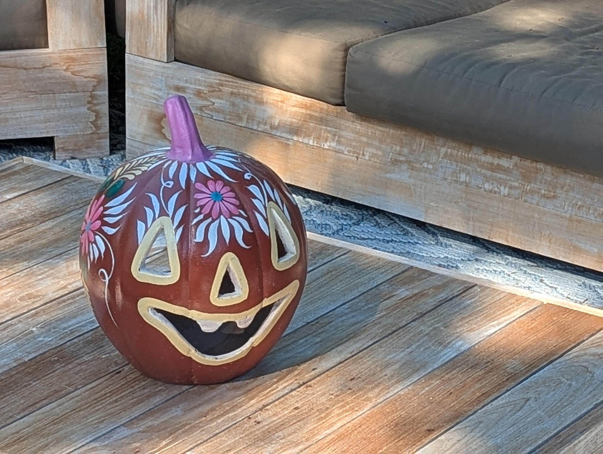 Halloween Pumpkin Candle Holder & Decor | Hand Painted Jack-o-Lantern | Mexican Pottery Gift