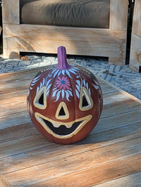Halloween Pumpkin Candle Holder & Decor | Hand Painted Jack-o-Lantern | Mexican Pottery Gift