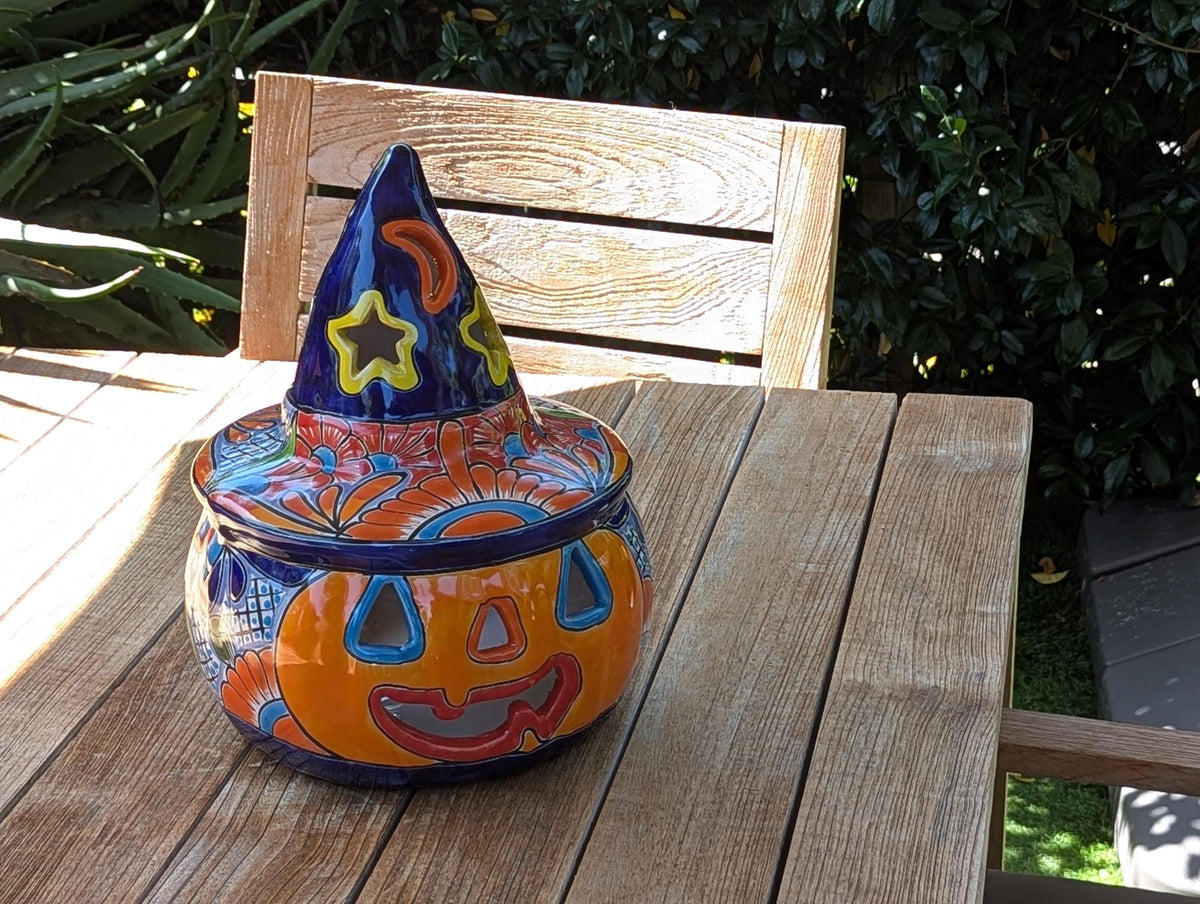 Jack o Lantern Talavera Halloween Pumpkin Decor |  13.5" Tall Mexican Pottery  |  Ceramic Candle Holder