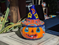Jack o Lantern Talavera Halloween Pumpkin Decor |  13.5" Tall Mexican Pottery  |  Ceramic Candle Holder