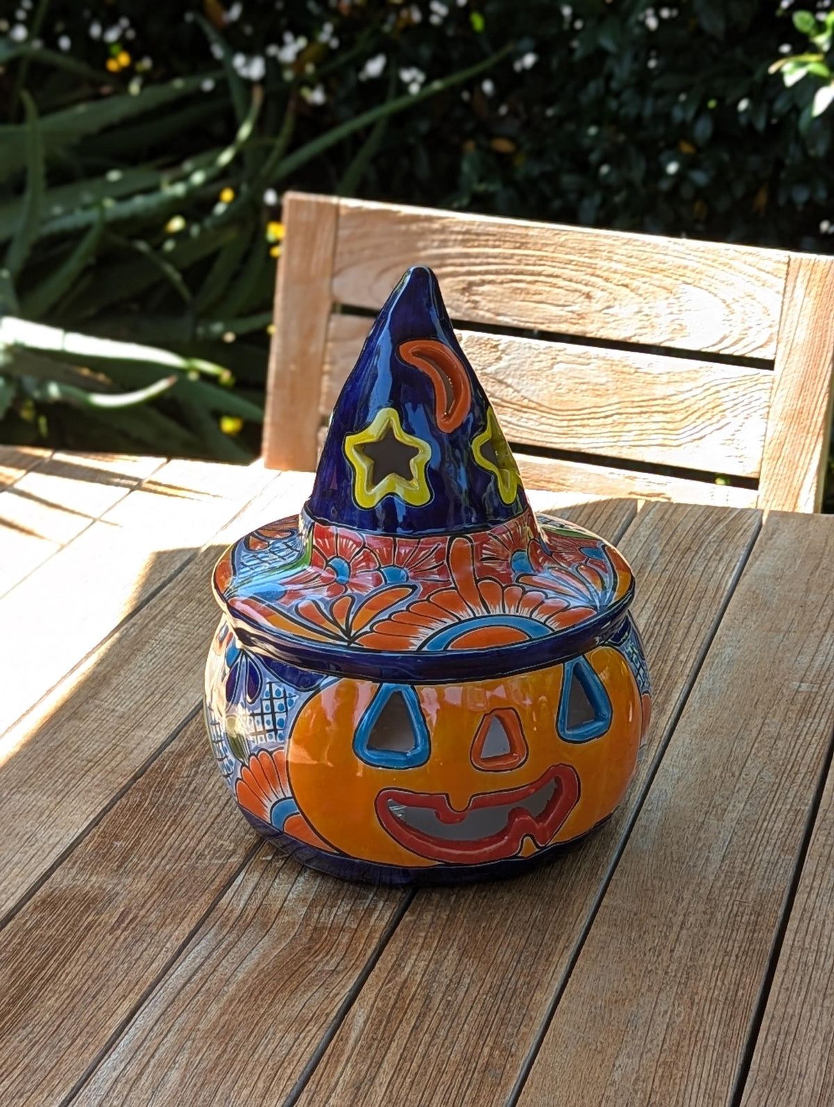 Jack o Lantern Talavera Halloween Pumpkin Decor |  13.5" Tall Mexican Pottery  |  Ceramic Candle Holder
