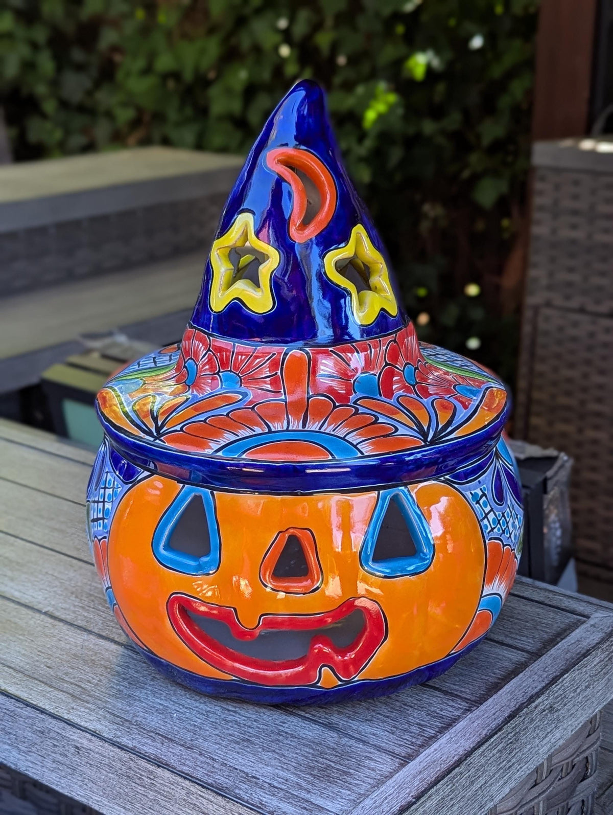 Jack o Lantern Talavera Halloween Pumpkin Decor |  13.5" Tall Mexican Pottery  |  Ceramic Candle Holder