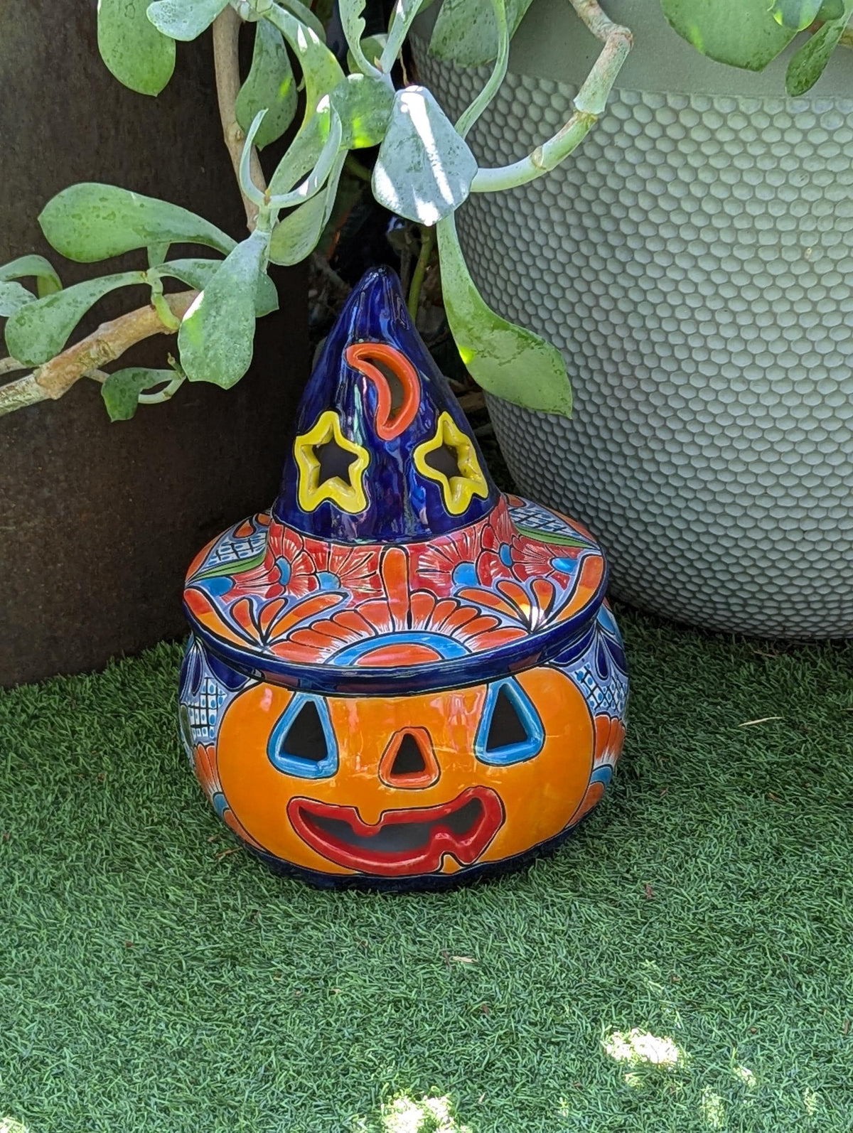 Jack o Lantern Talavera Halloween Pumpkin Decor |  13.5" Tall Mexican Pottery  |  Ceramic Candle Holder
