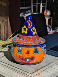 Jack o Lantern Talavera Halloween Pumpkin Decor |  13.5" Tall Mexican Pottery  |  Ceramic Candle Holder