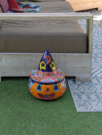 Jack o Lantern Talavera Halloween Pumpkin Decor |  13.5" Tall Mexican Pottery  |  Ceramic Candle Holder