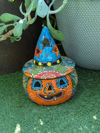 Talavera Halloween Pumpkin Decor |  13.5" Tall Jack o Lantern Mexican Pottery  |  Ceramic Candle Holder