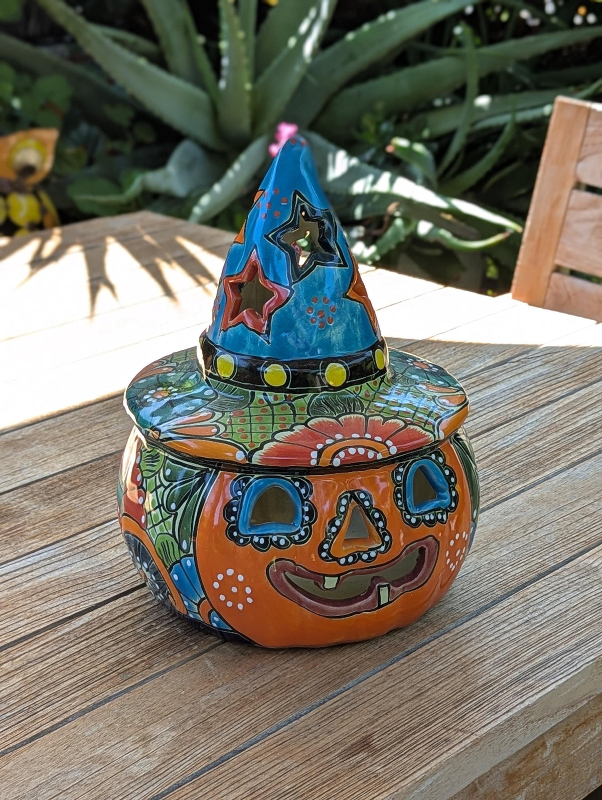 Talavera Halloween Pumpkin Decor |  13.5" Tall Jack o Lantern Mexican Pottery  |  Ceramic Candle Holder
