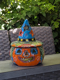 Talavera Halloween Pumpkin Decor |  13.5" Tall Jack o Lantern Mexican Pottery  |  Ceramic Candle Holder