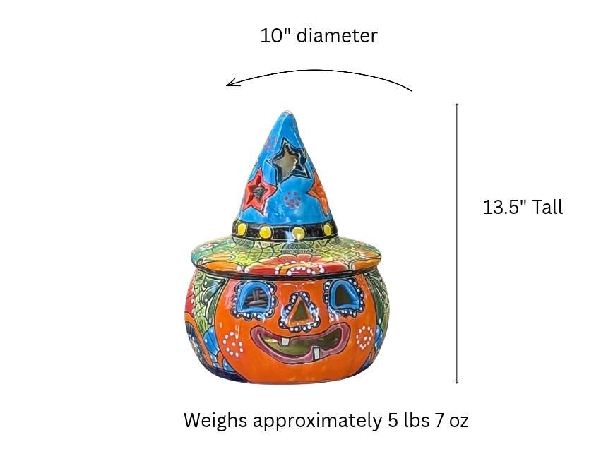 Talavera Halloween Pumpkin Decor |  13.5" Tall Jack o Lantern Mexican Pottery  |  Ceramic Candle Holder
