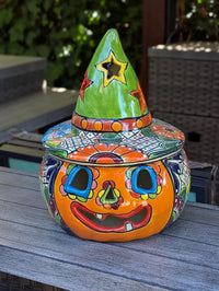 Talavera Halloween Pumpkin Decor |  Jack o Lantern Mexican Pottery  |  Ceramic Candle Holder (13.5" Tall)