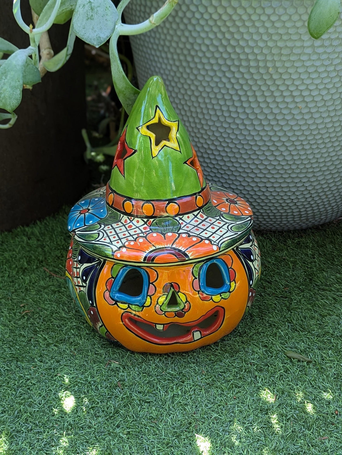 Talavera Halloween Pumpkin Decor |  Jack o Lantern Mexican Pottery  |  Ceramic Candle Holder (13.5" Tall)