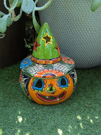 Talavera Halloween Pumpkin Decor |  Jack o Lantern Mexican Pottery  |  Ceramic Candle Holder (13.5" Tall)