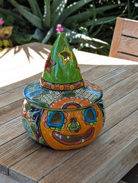 Talavera Halloween Pumpkin Decor |  Jack o Lantern Mexican Pottery  |  Ceramic Candle Holder (13.5" Tall)