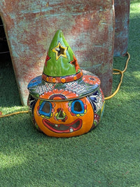 Talavera Halloween Pumpkin Decor |  Jack o Lantern Mexican Pottery  |  Ceramic Candle Holder (13.5" Tall)