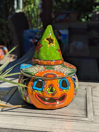 Talavera Halloween Pumpkin Decor |  Jack o Lantern Mexican Pottery  |  Ceramic Candle Holder (13.5" Tall)