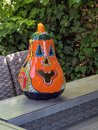 Hand-Painted Ceramic Pumpkin Halloween Decor | Talavera Jack-o-Lantern Mexican Pottery | Candle Holder