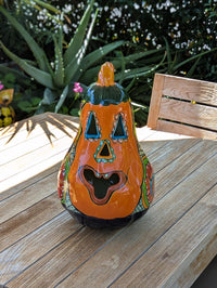Hand-Painted Ceramic Pumpkin Halloween Decor | Talavera Jack-o-Lantern Mexican Pottery | Candle Holder