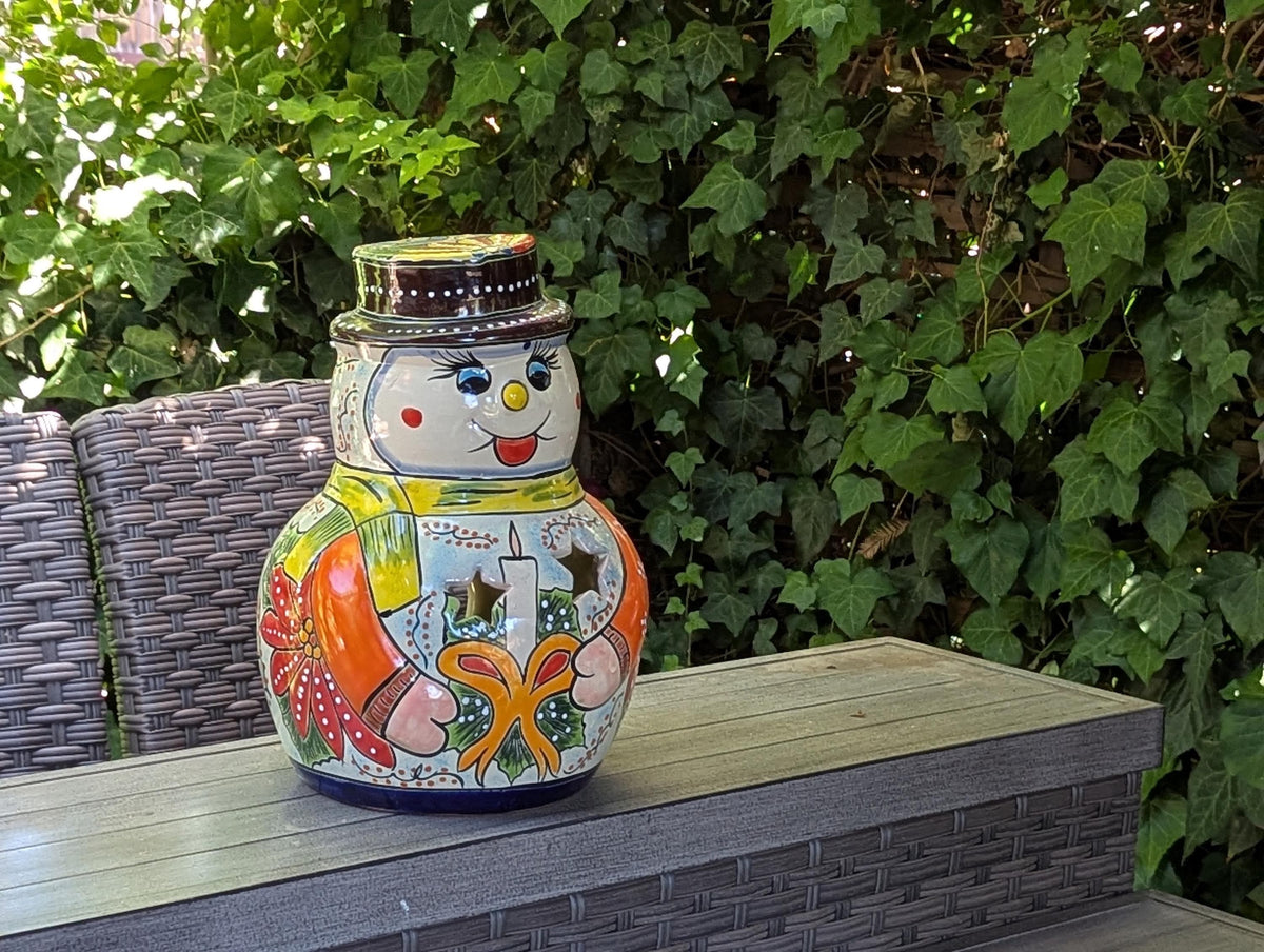 Talavera Snowman Holiday Decor | Christmas Ceramic Candle Holder | Mexican Pottery Xmas Gift