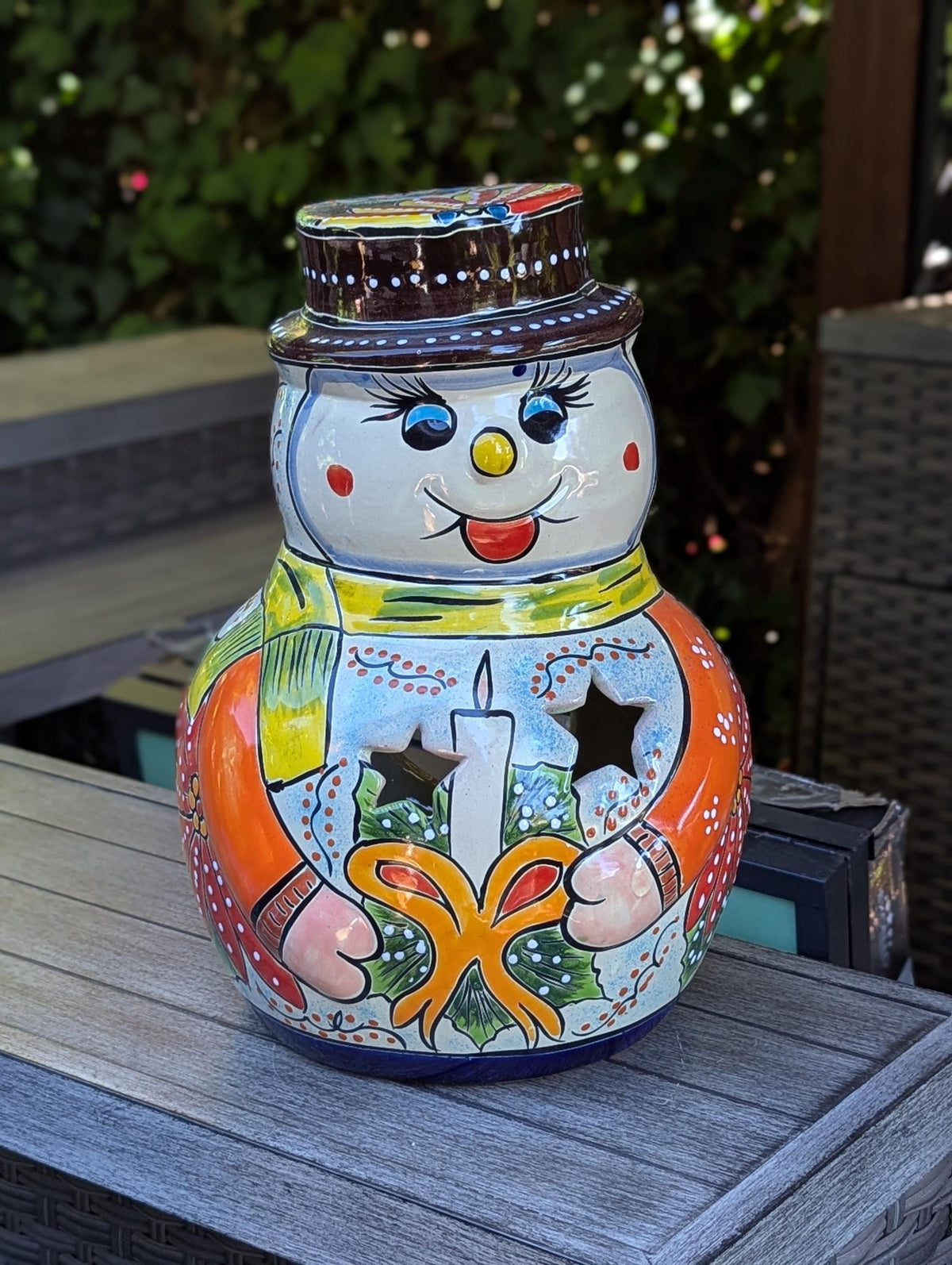 Talavera Snowman Holiday Decor | Christmas Ceramic Candle Holder | Mexican Pottery Xmas Gift
