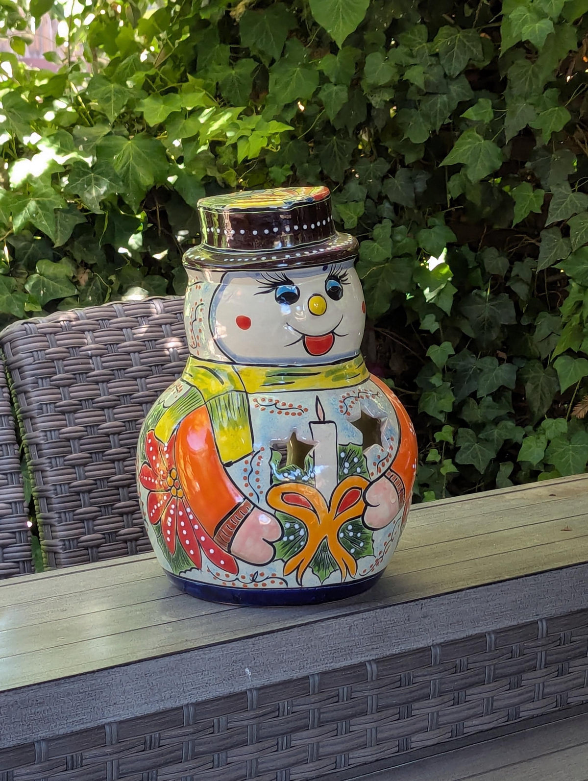 Talavera Snowman Holiday Decor | Christmas Ceramic Candle Holder | Mexican Pottery Xmas Gift