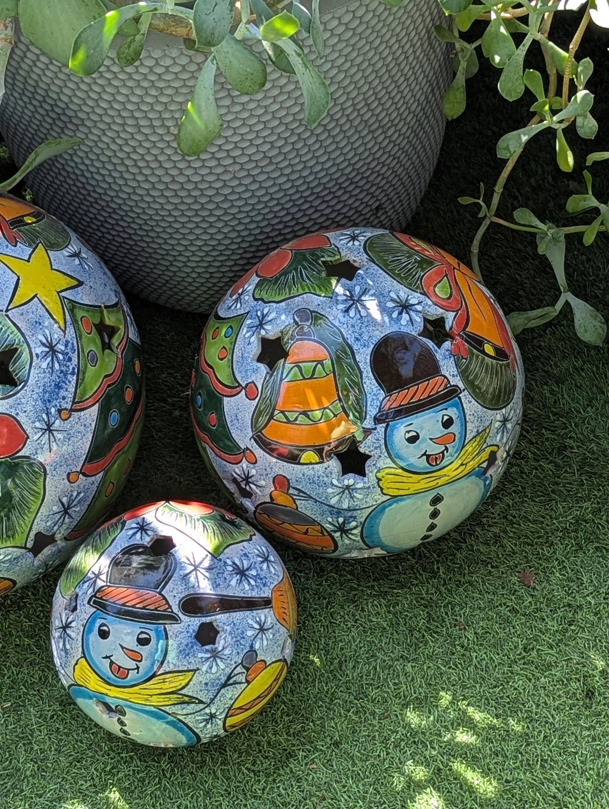 Christmas Spheres Ceramic Lawn Ornaments | Outdoor Talavera Pottery is Handmade in Mexico (Set of 3)