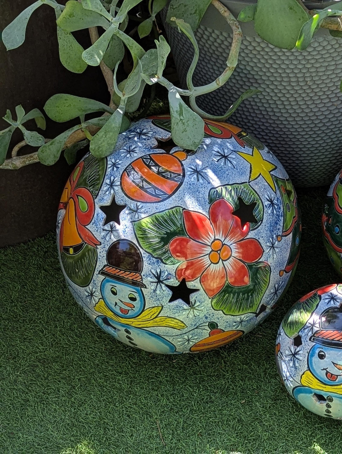 Christmas Spheres Ceramic Lawn Ornaments | Outdoor Talavera Pottery is Handmade in Mexico (Set of 3)
