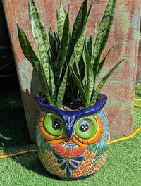 Talavera Owl Flower Pot | 11.5" Tall Handmade Ceramic Planter | Outdoor Mexican Pottery