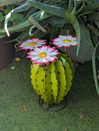 Metal Cactus Garden Sculpture with Blooming Flowers | Rustic Yard Art & Outdoor Lawn Ornament