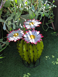 Metal Cactus Garden Sculpture with Blooming Flowers | Rustic Yard Art & Outdoor Lawn Ornament