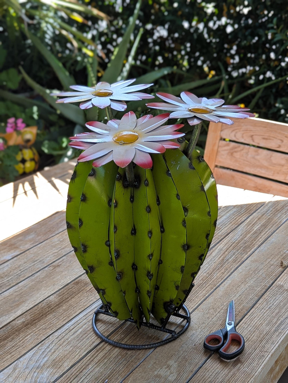 Metal Cactus Garden Sculpture with Blooming Flowers | Rustic Yard Art & Outdoor Lawn Ornament