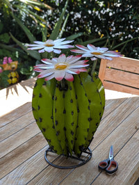 Metal Cactus Garden Sculpture with Blooming Flowers | Rustic Yard Art & Outdoor Lawn Ornament